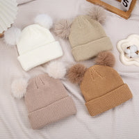 Kids Double Pom Pom Knit Beanie — Warm, 3–10Y