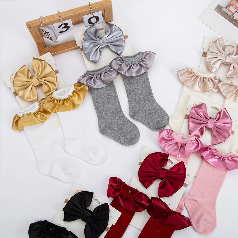 Baby Ruffle Socks & Hair Bow Headband Set — Cotton, Pack of 3
