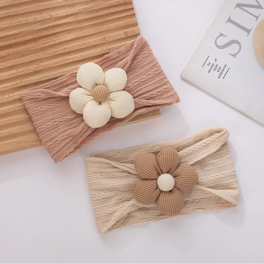 Baby Girls Elastics Headwraps Soft Nylon Latte Flower Cable Knit Headbands Bow Knot Daisy Hairbands for Toddlers