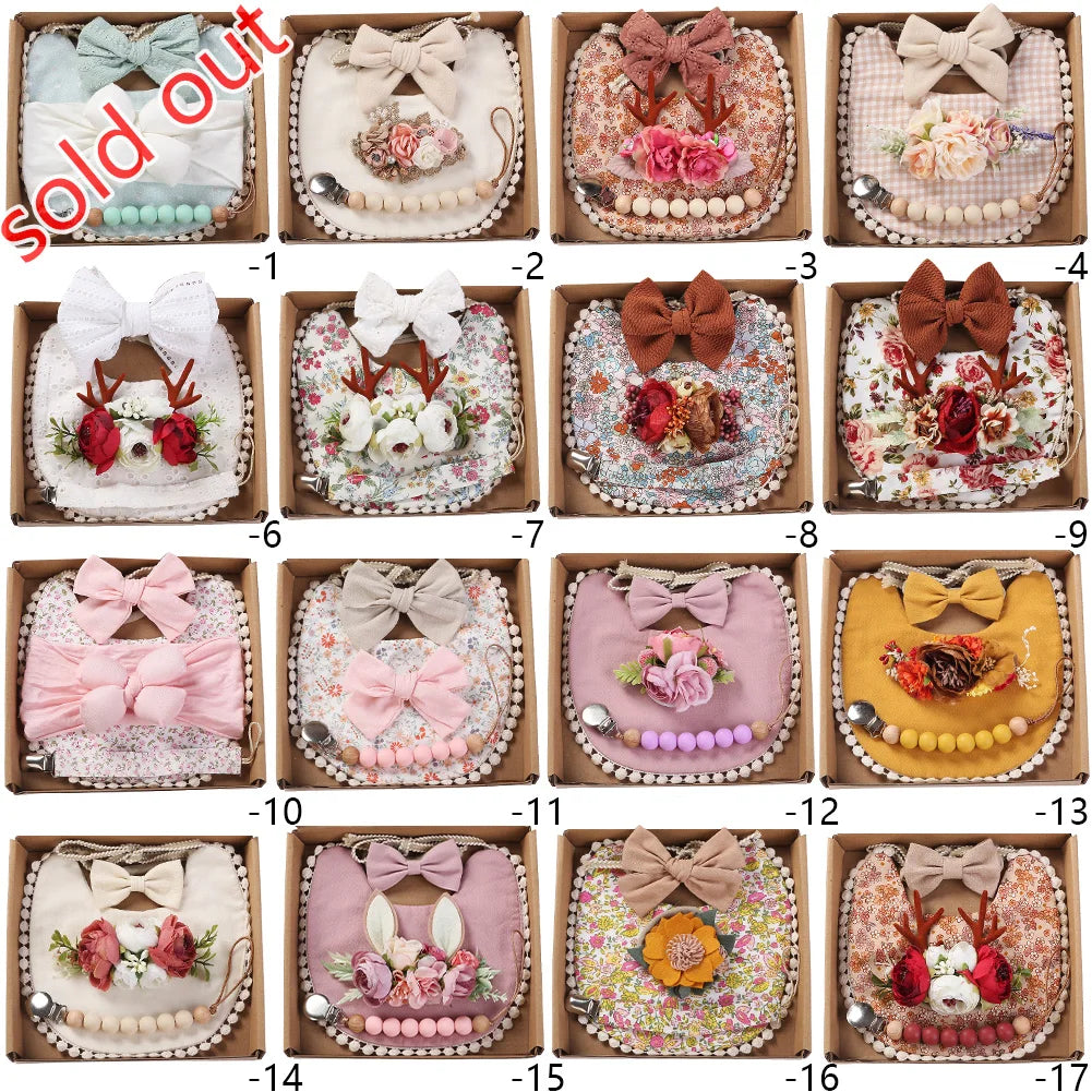 4Pcs/Set Baby  Hairband Set  Elastic Nylon Hair Band Food Grade Silicone Beads Pacifier Clip Chain Combination Customize