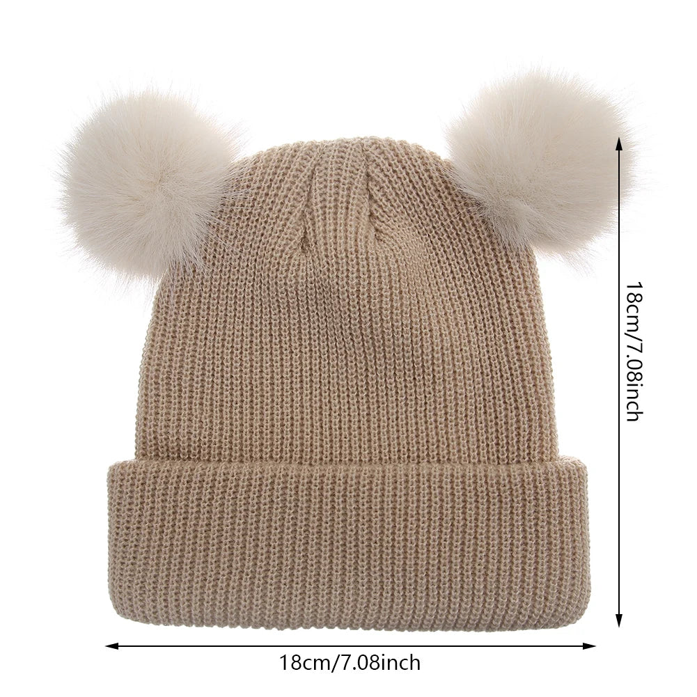 Kids Double Pom Pom Knit Beanie — Warm, 3–10Y
