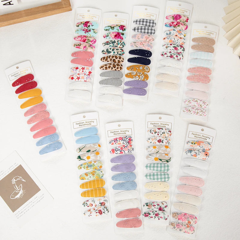10Pcs Floral Printed Embroidery Cotton Hair Clips Barrettes Hairpins Snap BB Clips Hair Bows for Girls Hair Accessories Set