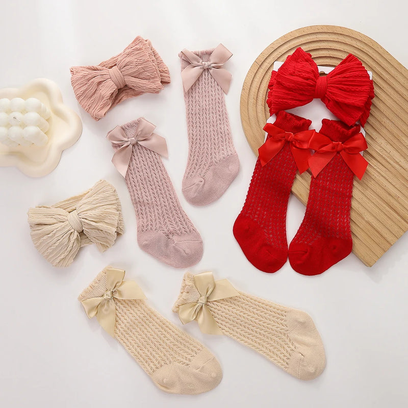 3Pcs/Set Solid Color Hair Bow Baby Headbands Lace Cotton Bows Long Knee Lace Eyelet Socks Set for Baby Girls 0-12M