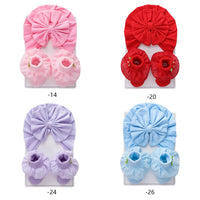 2Pcs/Set Solid Cotton Big Bow Hat Baby Kids Soft Comfortable Turban with Flower Socks Head Wraps Toddler Accessories