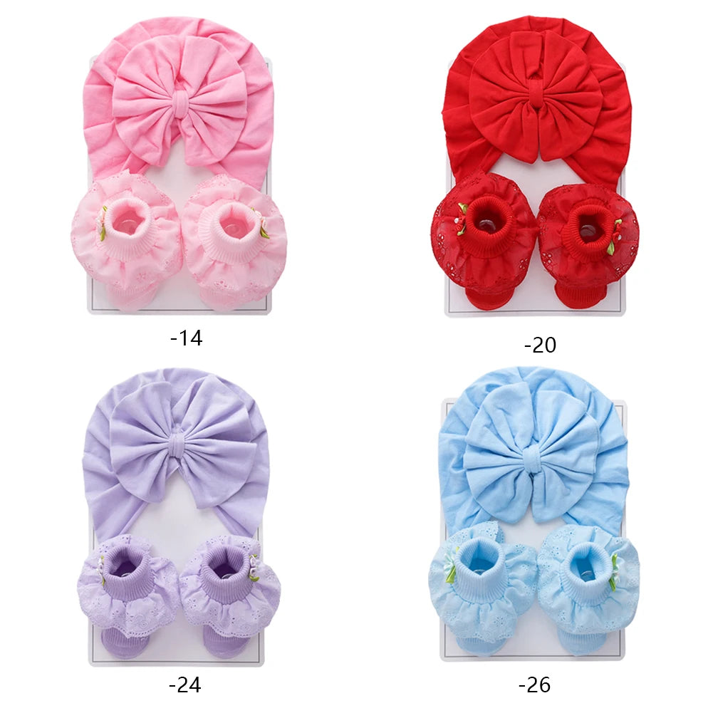 2Pcs/Set Solid Cotton Big Bow Hat Baby Kids Soft Comfortable Turban with Flower Socks Head Wraps Toddler Accessories