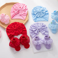 2Pcs/Set Solid Cotton Big Bow Hat Baby Kids Soft Comfortable Turban with Flower Socks Head Wraps Toddler Accessories