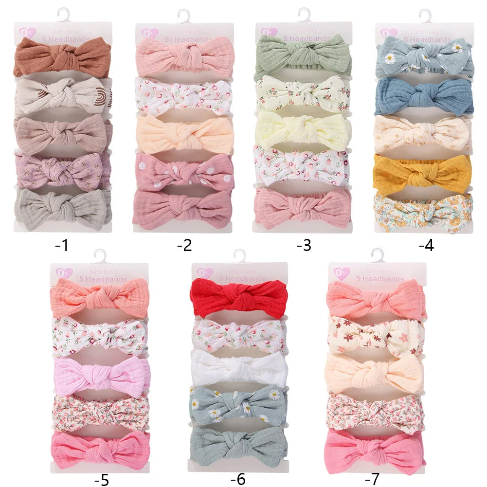 Muslin Cotton Big Bow Headband Set — Newborn to Toddler, Pack of 5