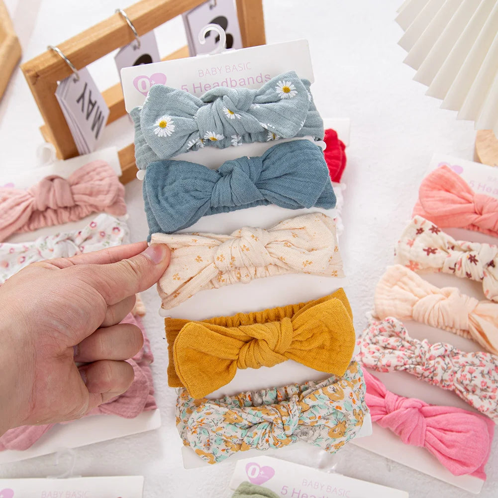 Muslin Cotton Big Bow Headband Set — Newborn to Toddler, Pack of 5
