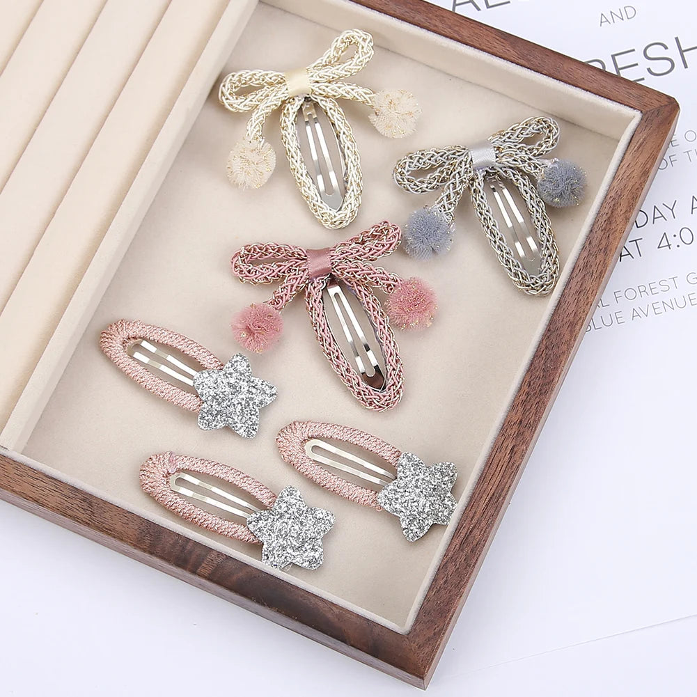 Sequin Star Bow BB Hair Clip — Braided Hairball Detail