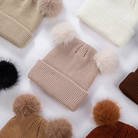 Kids Double Pom Pom Knit Beanie — Warm, 3–10Y