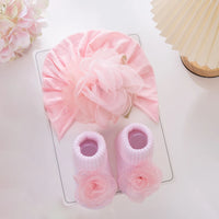 2Pcs/Set Baby Girl Pink Gauze Petal Flowers Turban Beanie with Girl Princess 0-12M Mesh Flower Cotton Socks Set