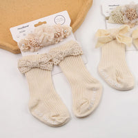 3Pcs/Set Vintage Lace Luxury Flower Headband With Cute Baby Striped Pure Cotton Non-Slip Bows Tube Socks Sets