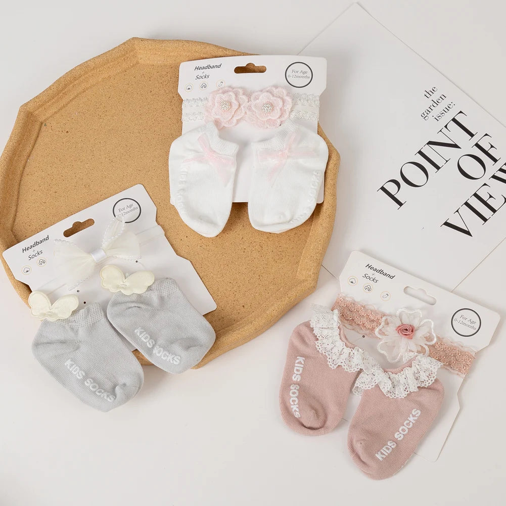 High Quality Elastic Baby Cotton Socks Headband Set Floral Lace Anti-Slip Casual Socks Spring Newborn Baby Accessories Wholesale