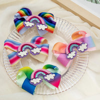 2Pcs/Set Double Layers Pastel Rainbow Printed Grosgrain Ribbon Hair Bows Cute Baby Bow Alligator Hair Clips