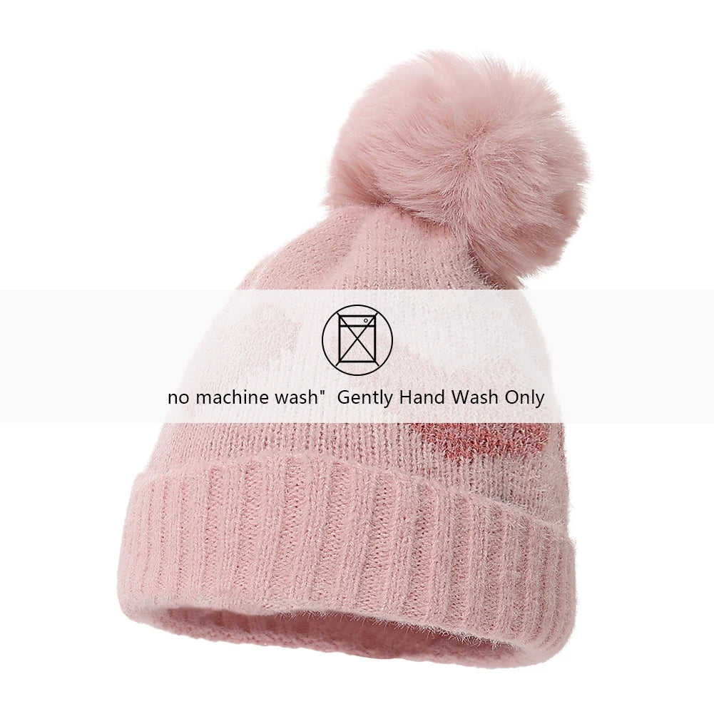 Kids Heart Pattern Pom Pom Beanie — Knitted, Girls 3–6Y
