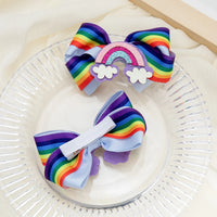 2Pcs/Set Double Layers Pastel Rainbow Printed Grosgrain Ribbon Hair Bows Cute Baby Bow Alligator Hair Clips