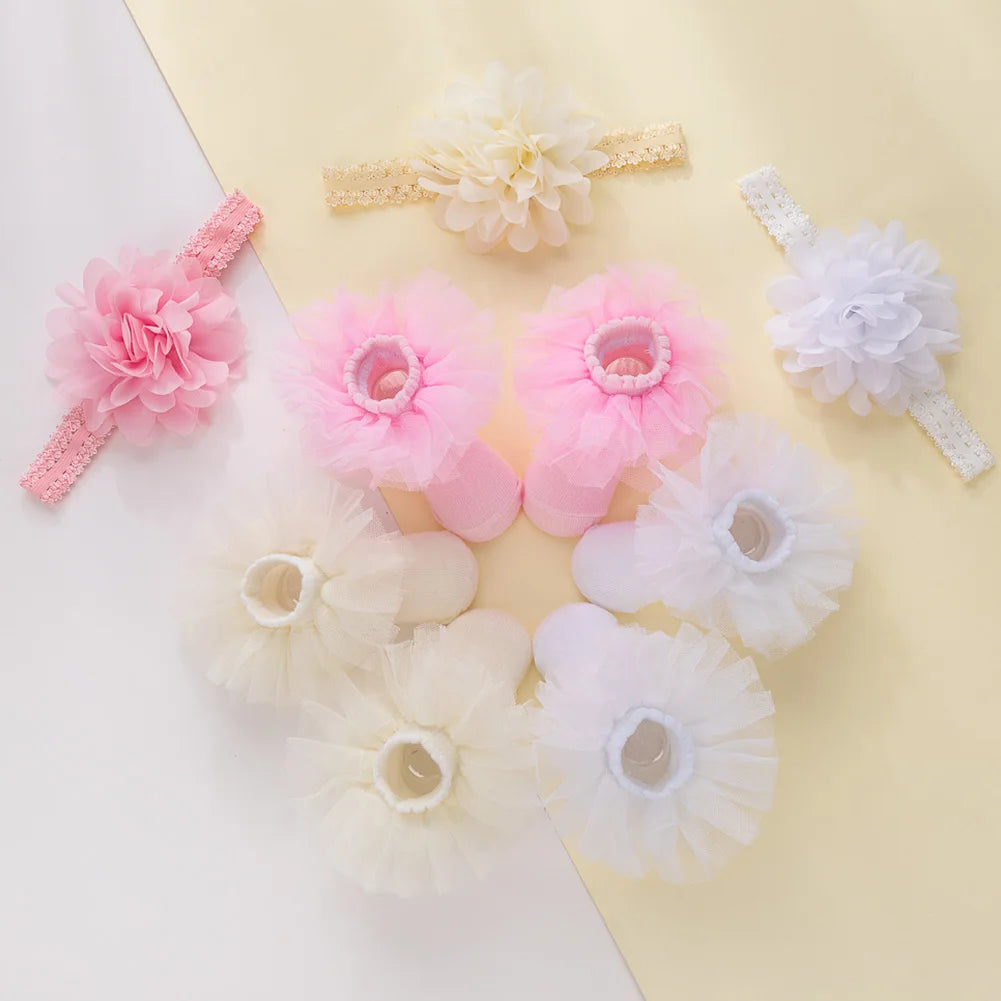 2Pcs/Set 0-12M Chiffon Flower Bowknot Headband With Tulle Trim Cotton Socks Set Baby Girl Hair Accessories