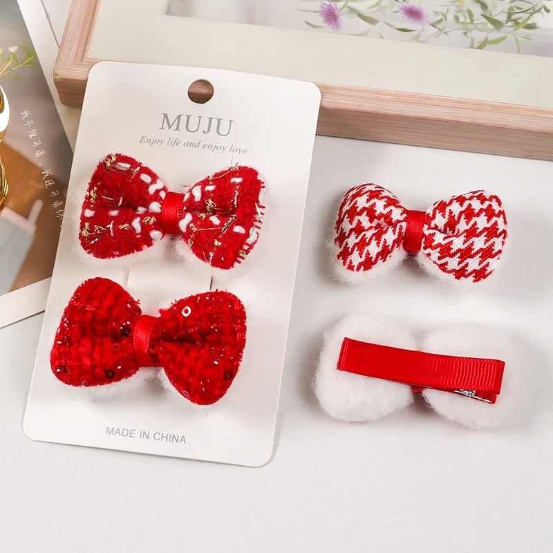 Red New Year Bow & Butterfly Hair Clips for Kids – Festive Metal Hairpins (2-Pack)