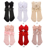 3Pcs/Set Solid Color Hair Bow Baby Headbands Lace Cotton Bows Long Knee Lace Eyelet Socks Set for Baby Girls 0-12M
