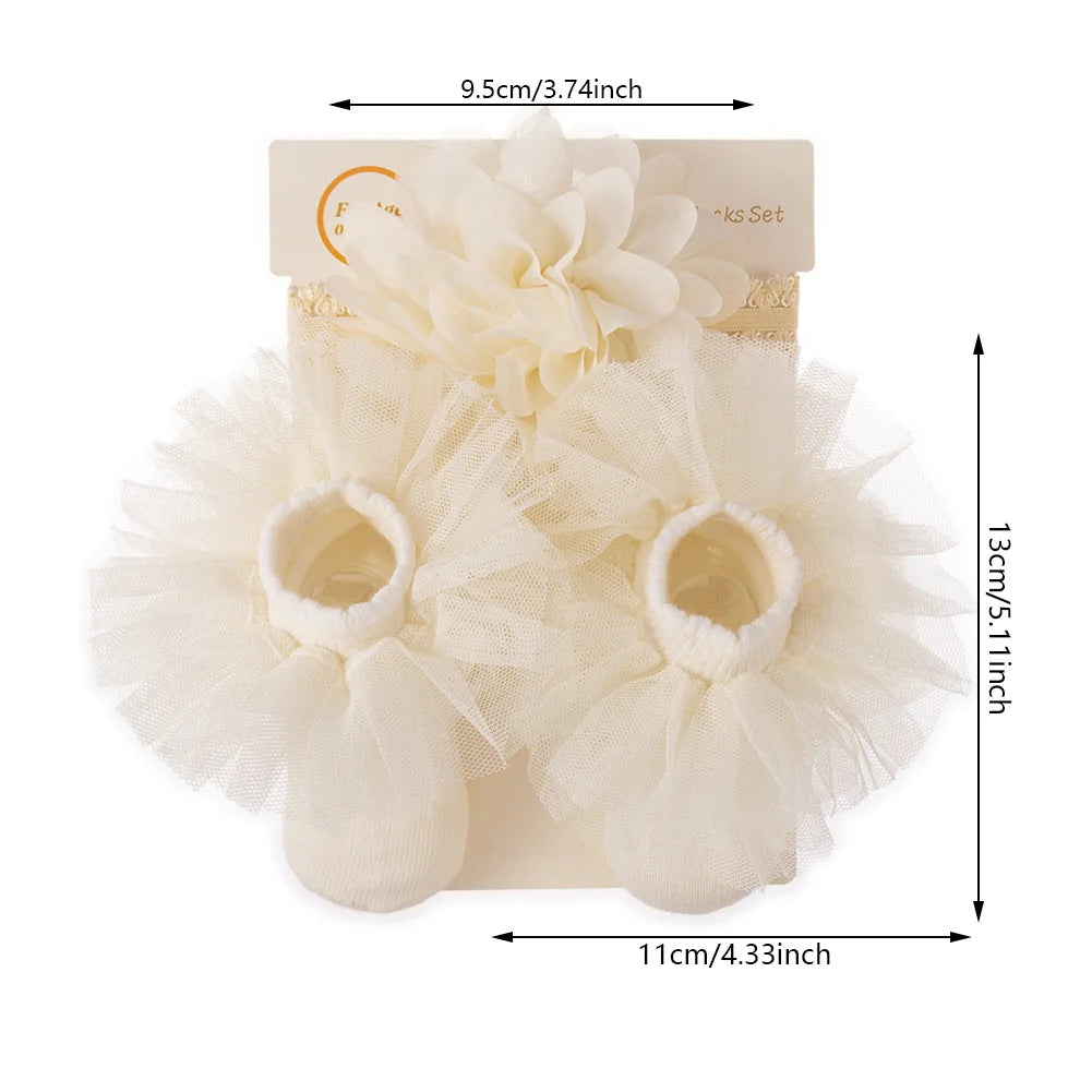 2Pcs/Set 0-12M Chiffon Flower Bowknot Headband With Tulle Trim Cotton Socks Set Baby Girl Hair Accessories