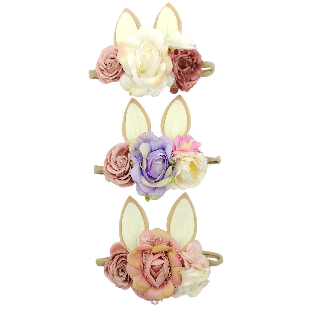 Lovely Baby Girls Easter Day Headband Rabbit Ear Newborn Photo Props Cute Elastic Flower Crown Hairbands Party Hair Accessories