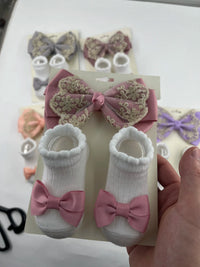 Baby Gold Thread Lace Ribbon Bow Headband and Sock Set Luxurious Baby Gift Including Comfy Socks