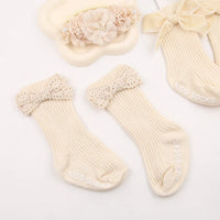 3Pcs/Set Vintage Lace Luxury Flower Headband With Cute Baby Striped Pure Cotton Non-Slip Bows Tube Socks Sets