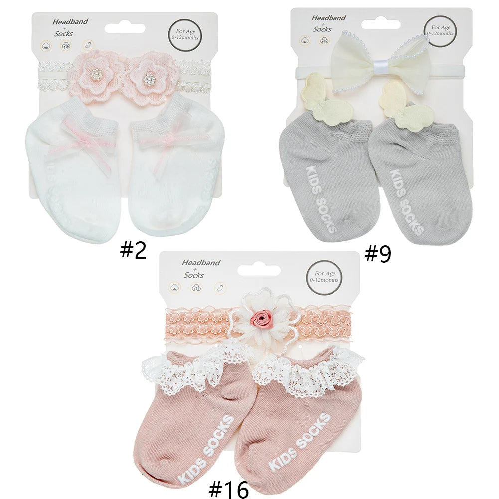 High Quality Elastic Baby Cotton Socks Headband Set Floral Lace Anti-Slip Casual Socks Spring Newborn Baby Accessories Wholesale