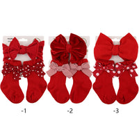 Christmas New Year Red Bow Headbands Set With Super Soft Cotton Knitted Socks for Babies and Sweet Girls Wholesale