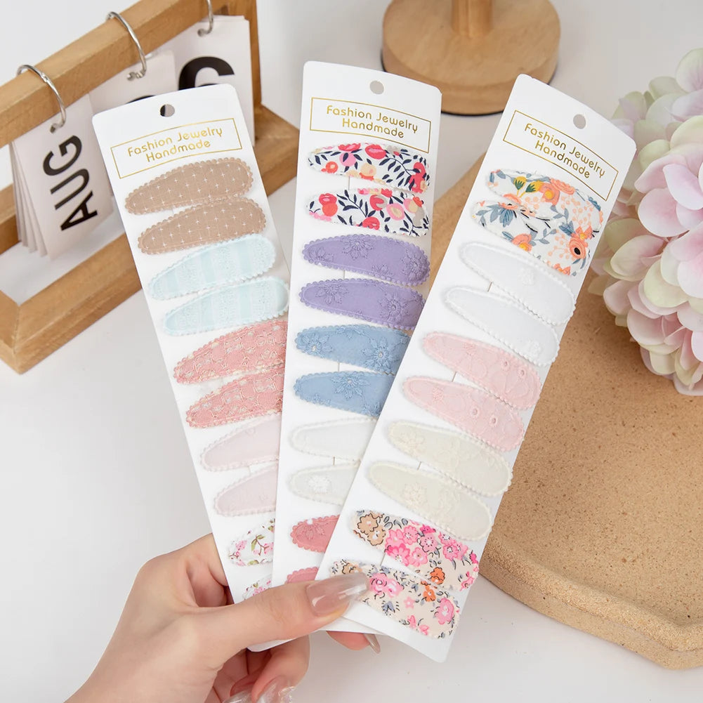 10Pcs Floral Printed Embroidery Cotton Hair Clips Barrettes Hairpins Snap BB Clips Hair Bows for Girls Hair Accessories Set
