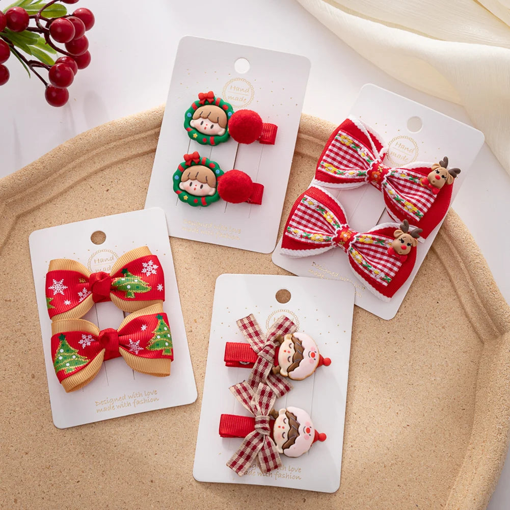 2PCS Christmas Hairgrips New Year Red Hair Bows Clips Set Ribbon Snowflake Little Girls Resin Hairpins