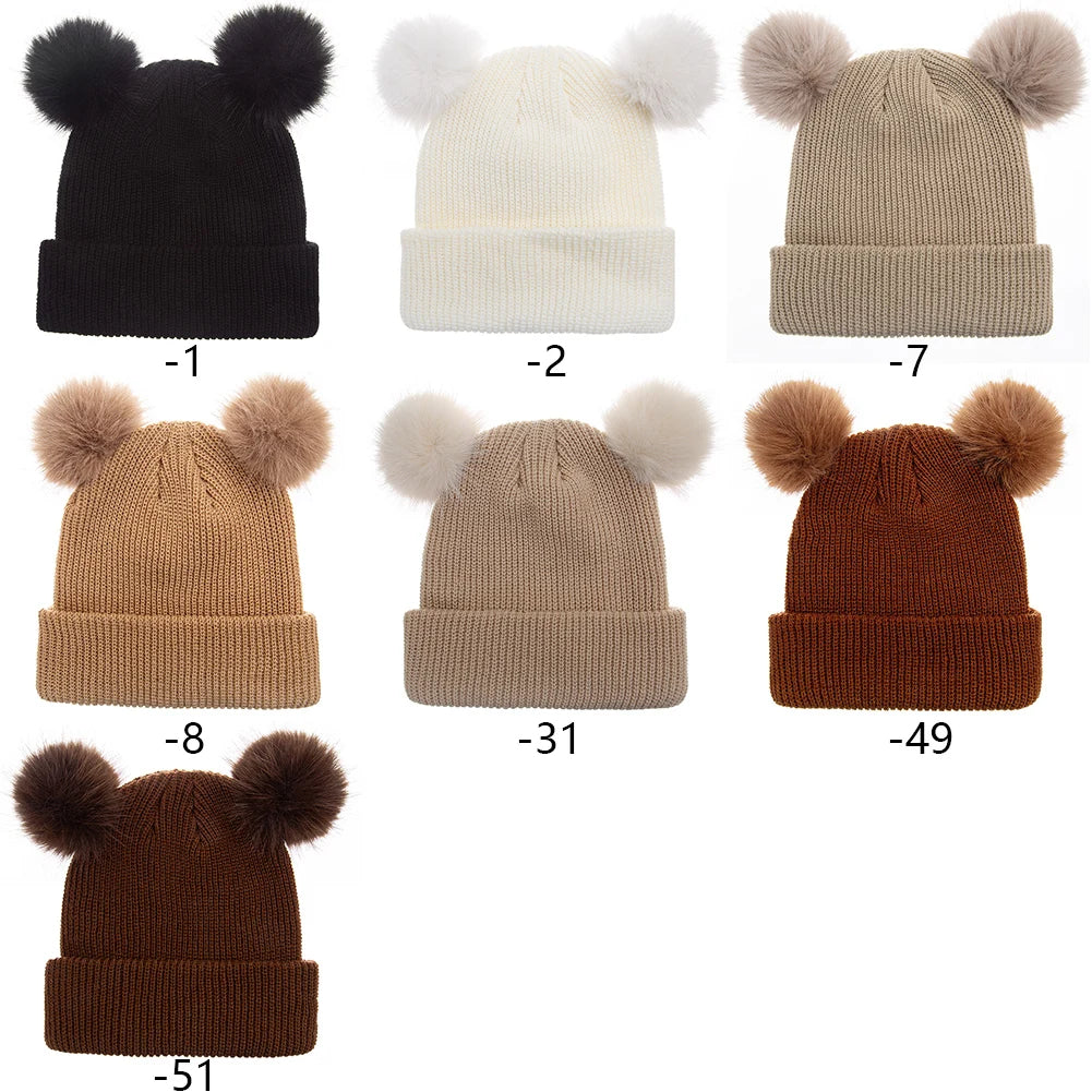 Kids Double Pom Pom Knit Beanie — Warm, 3–10Y