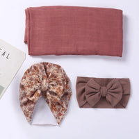 3Pcs Baby Bamboo Cotton Swaddle Blanket Nylon Headband Knit Turbans for Children Brand New Polyester Cotton With Packing Box