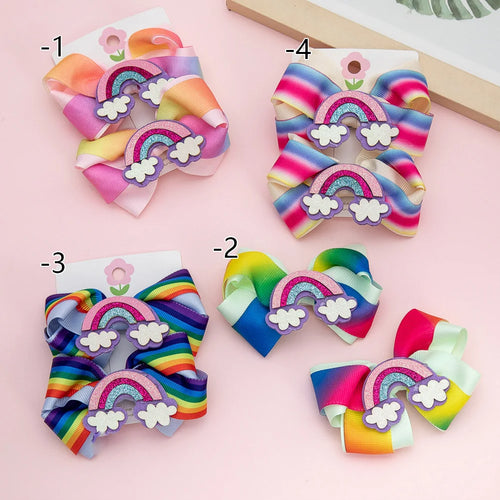 2Pcs/Set Double Layers Pastel Rainbow Printed Grosgrain Ribbon Hair Bows Cute Baby Bow Alligator Hair Clips