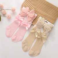 3Pcs/Set Solid Color Hair Bow Baby Headbands Lace Cotton Bows Long Knee Lace Eyelet Socks Set for Baby Girls 0-12M