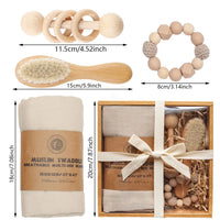 Baby Boys Girls Beech Wood Rattles Toys With Newborn Wool Brush Bamboo Organic Muslin Swaddle Gift Set