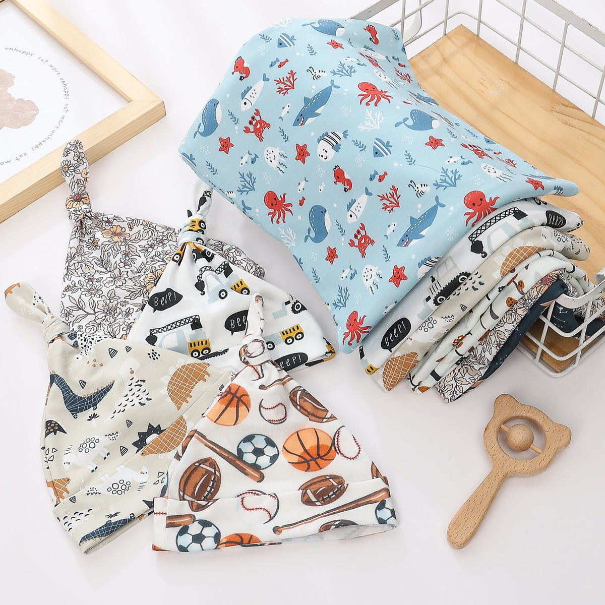 Newborn Swaddle Blanket & Knit Cap Gift Set — Floral Print