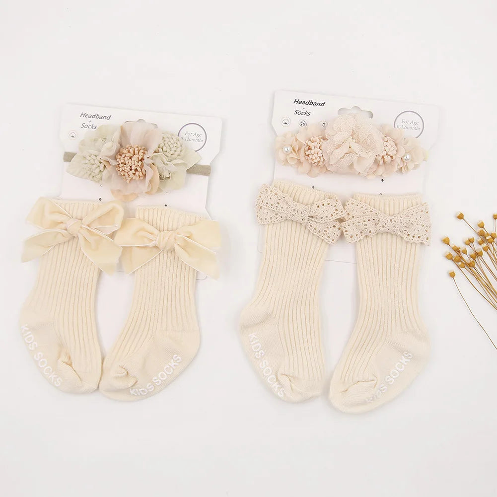 3Pcs/Set Vintage Lace Luxury Flower Headband With Cute Baby Striped Pure Cotton Non-Slip Bows Tube Socks Sets