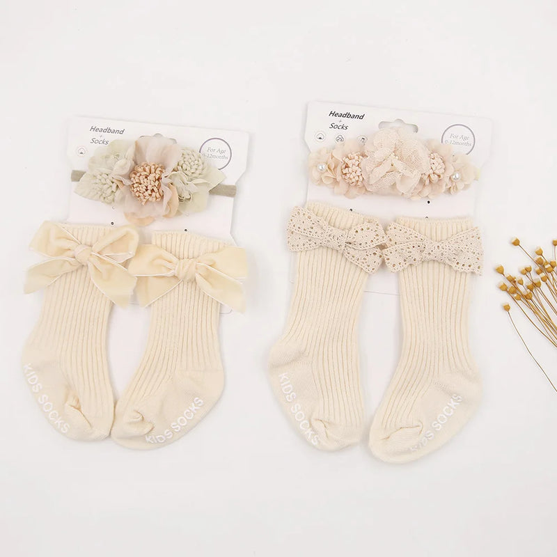 3Pcs/Set Vintage Lace Luxury Flower Headband With Cute Baby Striped Pure Cotton Non-Slip Bows Tube Socks Sets