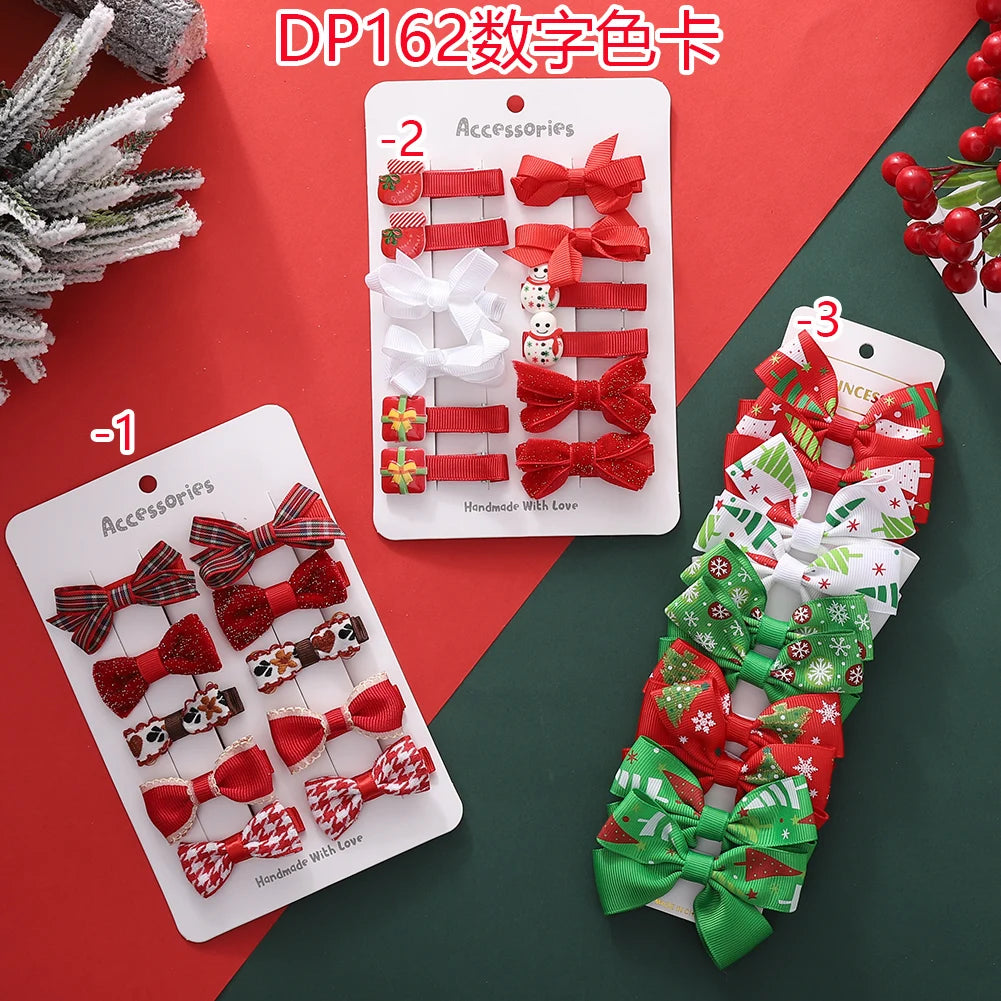 10PCS Christmas Baby Girls Hair Clips Ribbon Santa Claus Gift Socks Tree Resin Hair Bows Xmas Dance Party Hairpins Set