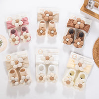 2pcs Vintage Ivory Flowers Cable Knit Nylon Headbands Latte Flower Ribbed Socks Set Spring Autumn Baby Shoes Wholesale Kids'