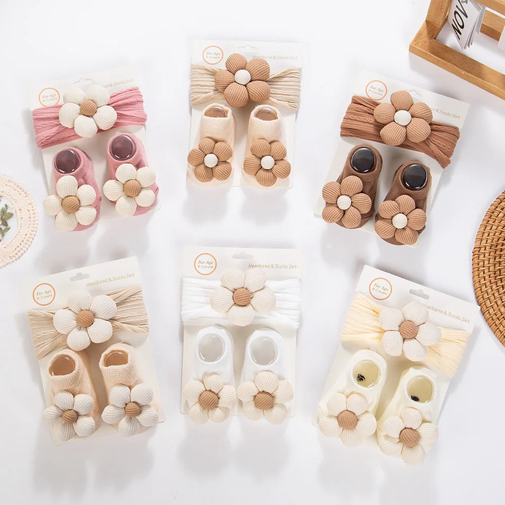 2pcs Vintage Ivory Flowers Cable Knit Nylon Headbands Latte Flower Ribbed Socks Set Spring Autumn Baby Shoes Wholesale Kids'