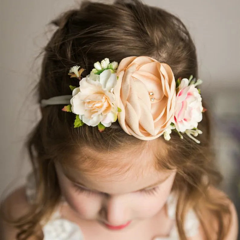 Nylon Headband Matching Satin Burn Flowers Vintage Style Hair Band Flower Crown Headband for Infant